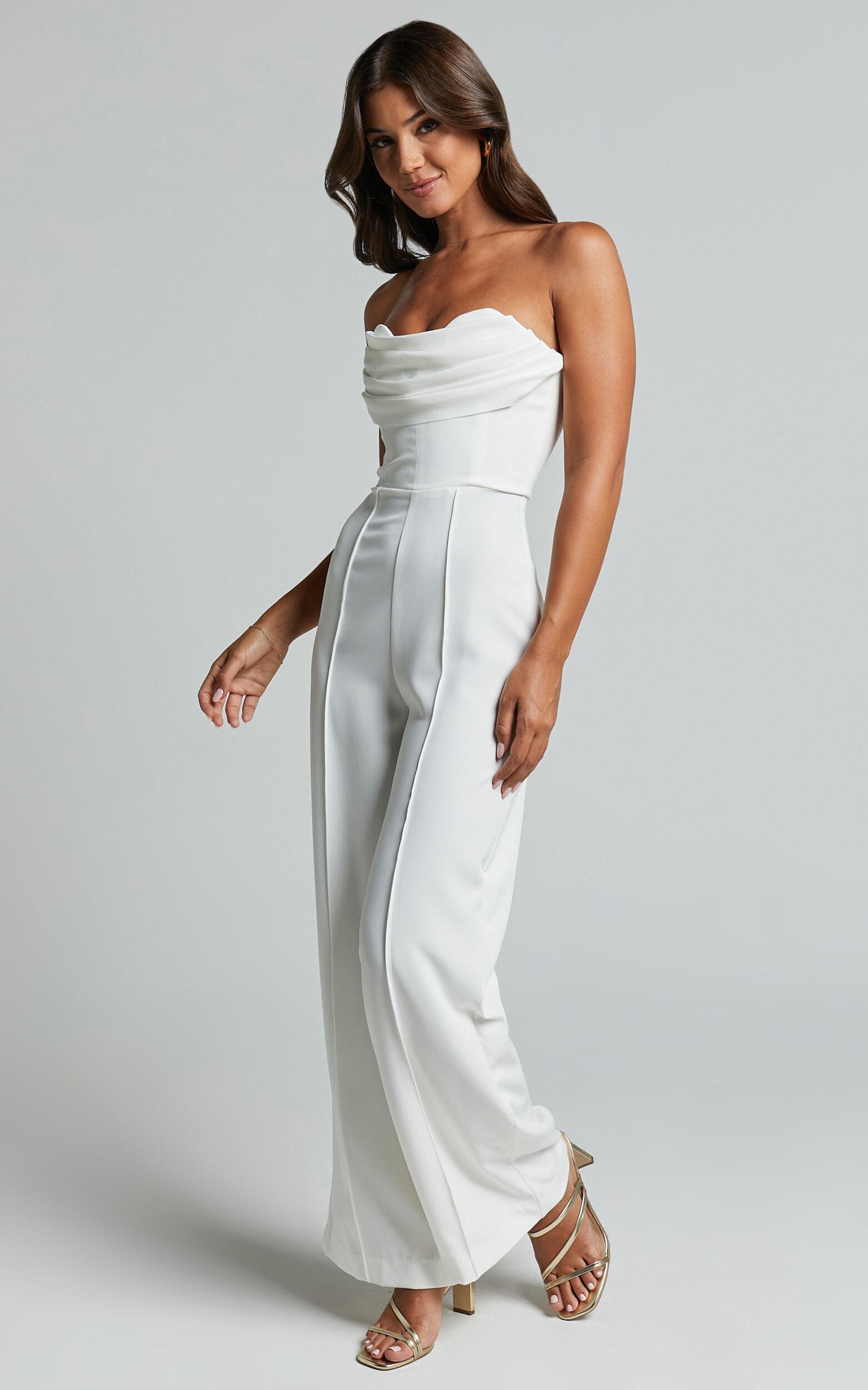 Stacey Jumpsuit - Strapless Cowl Wide Leg Jumpsuit in Off White Product Image