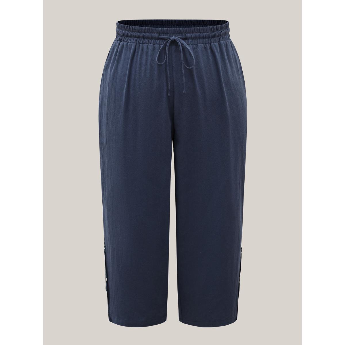 Plus Size Lace Cut-Out Straight-Leg Plain Pants Women Indigo Boho Straight Leg Mid Rise Vacation Pants BloomChic 22-24/3X Product Image