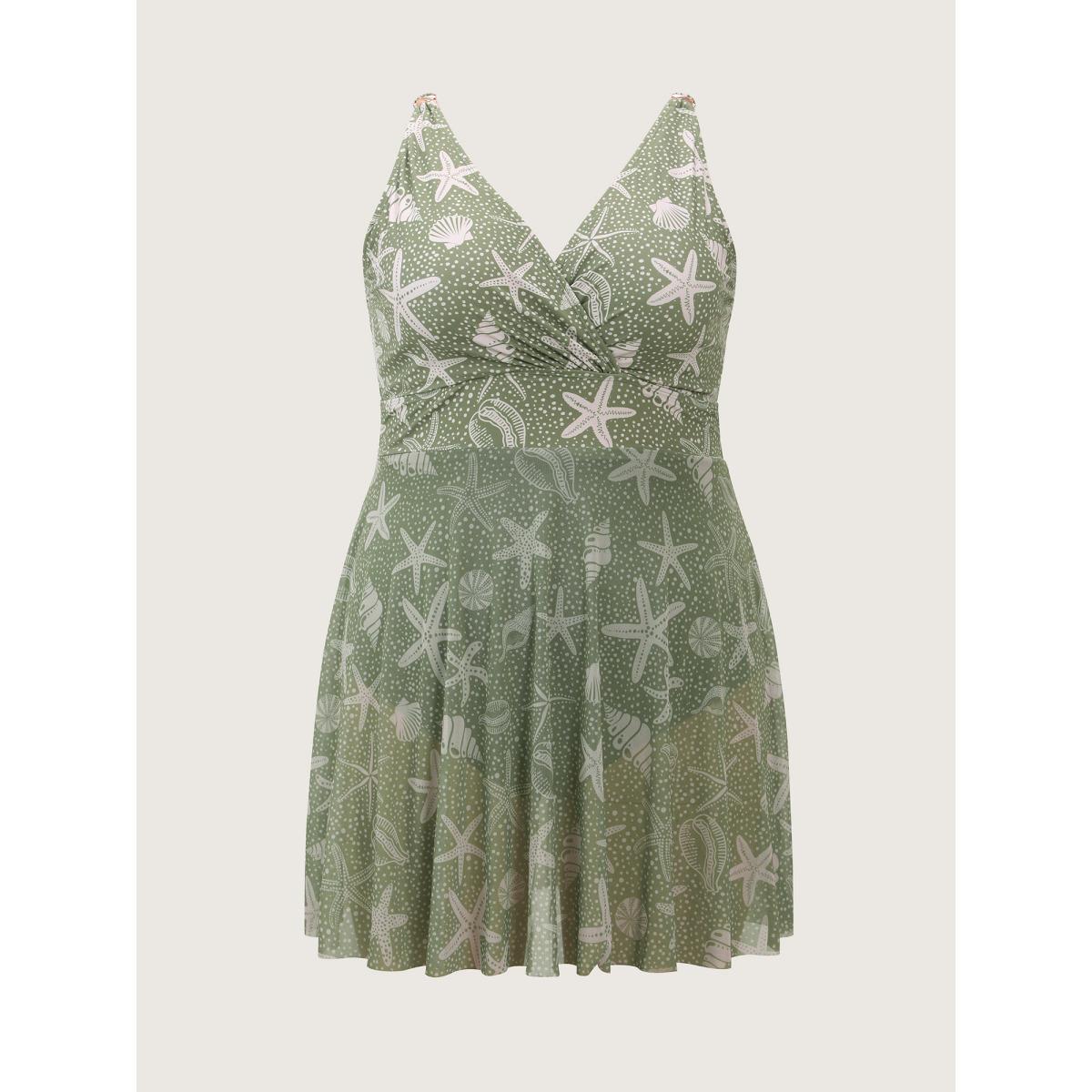 Plus Size Ocean Print Metal Buckle Swim Dress Women's Swimwear Sage Resort Bodycon Overlap Collar High stretch Curve Swim Dresses BloomChic 22-24/3X Product Image