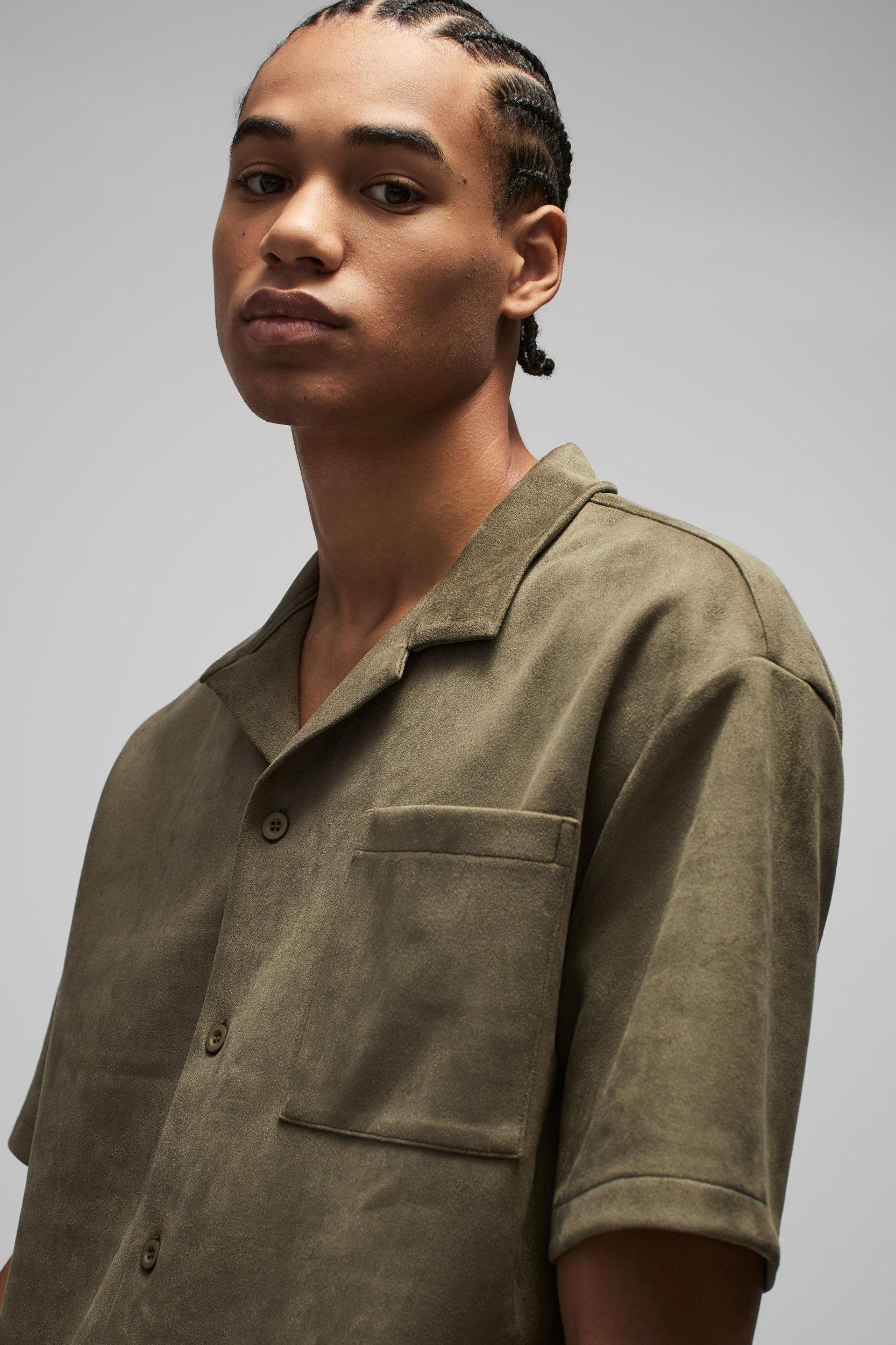 Oversized Faux Suede Revere Neck Shirt | boohooMAN USA Product Image