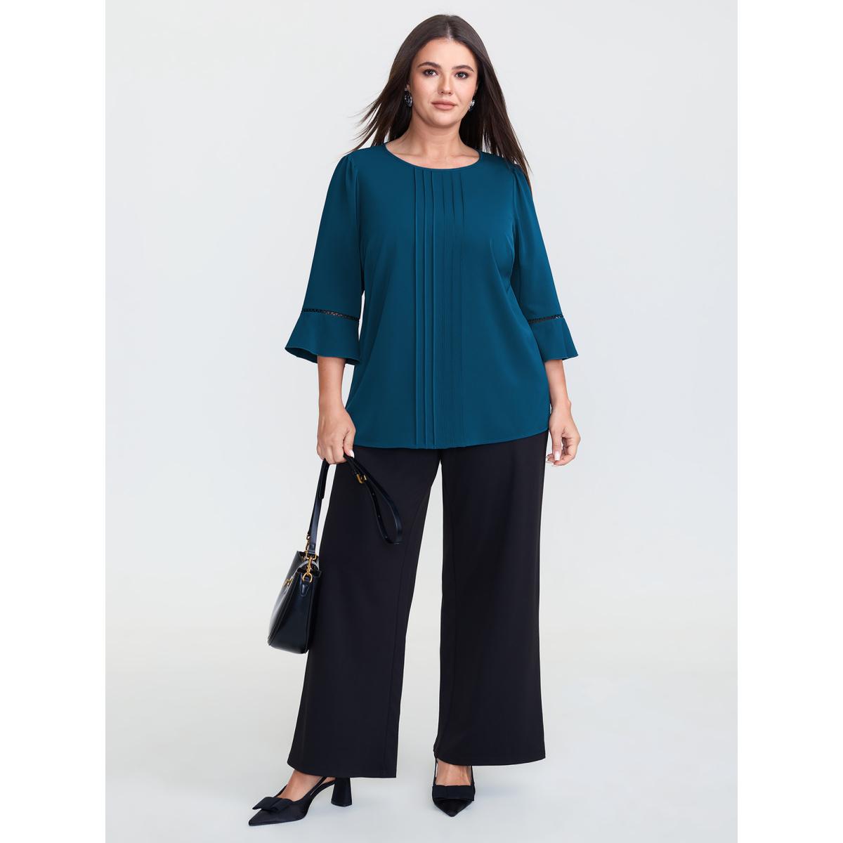 Plus Size Emerald Pleated Lace Trim Sleeve Flowy Blouse Women Office Long Sleeve Round Neck Office Blouses BloomChic 26/4X Product Image