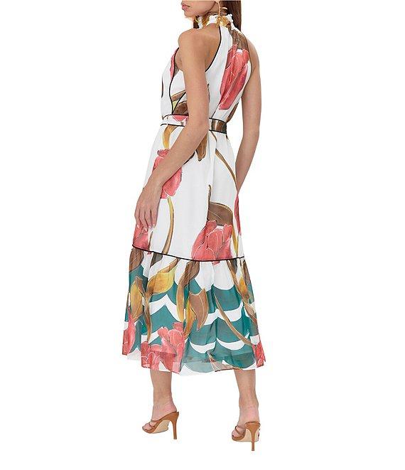 Adelyn Rae Woven Floral Print Halter Neck Sleeveless Belted Waist Tie Blouson Midi Dress Product Image