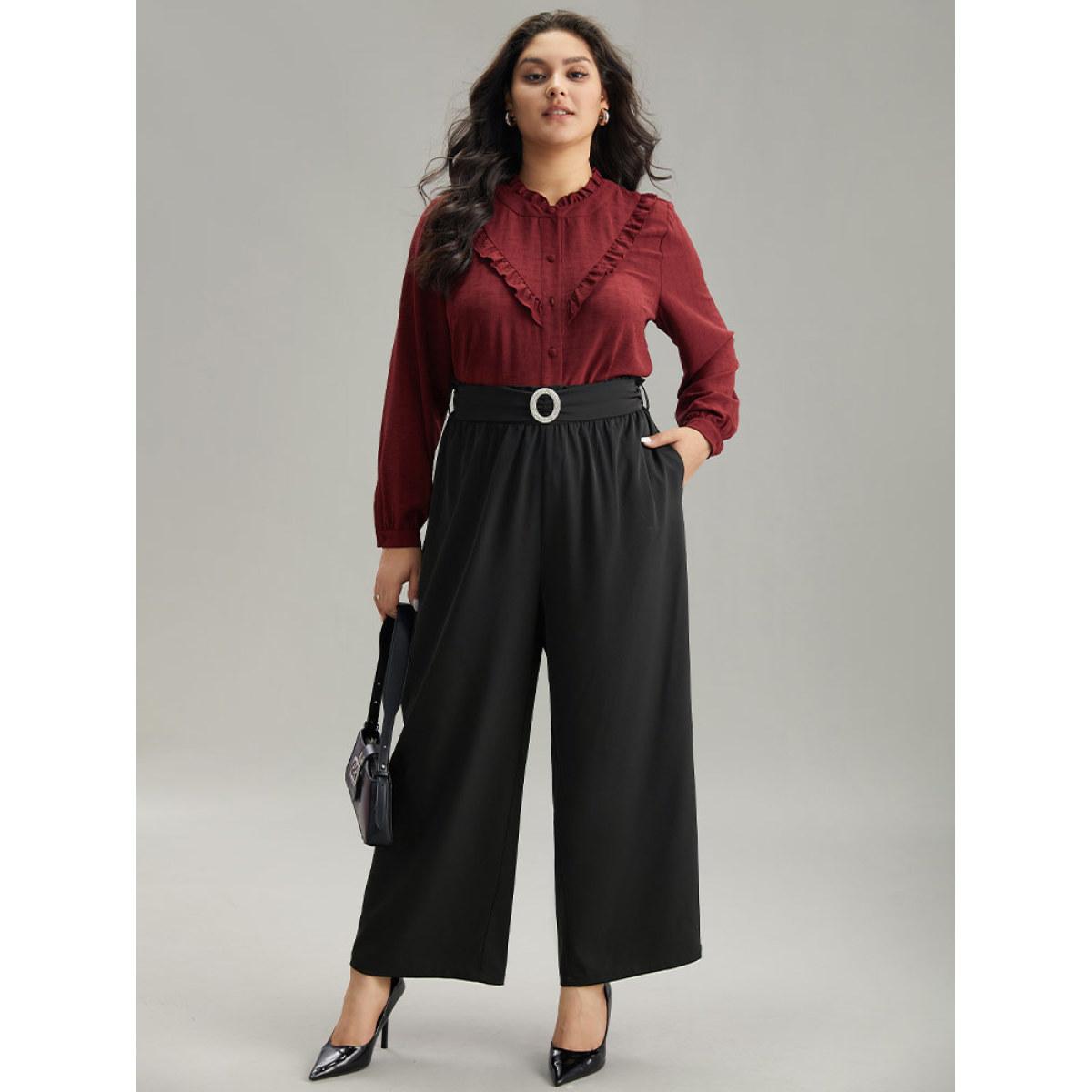 Plus Size Static-Free Solid Glitter Buckle Detail Belted Pants Women Black Office Straight Leg High Rise Office Pants BloomChic 22-24/3X Product Image