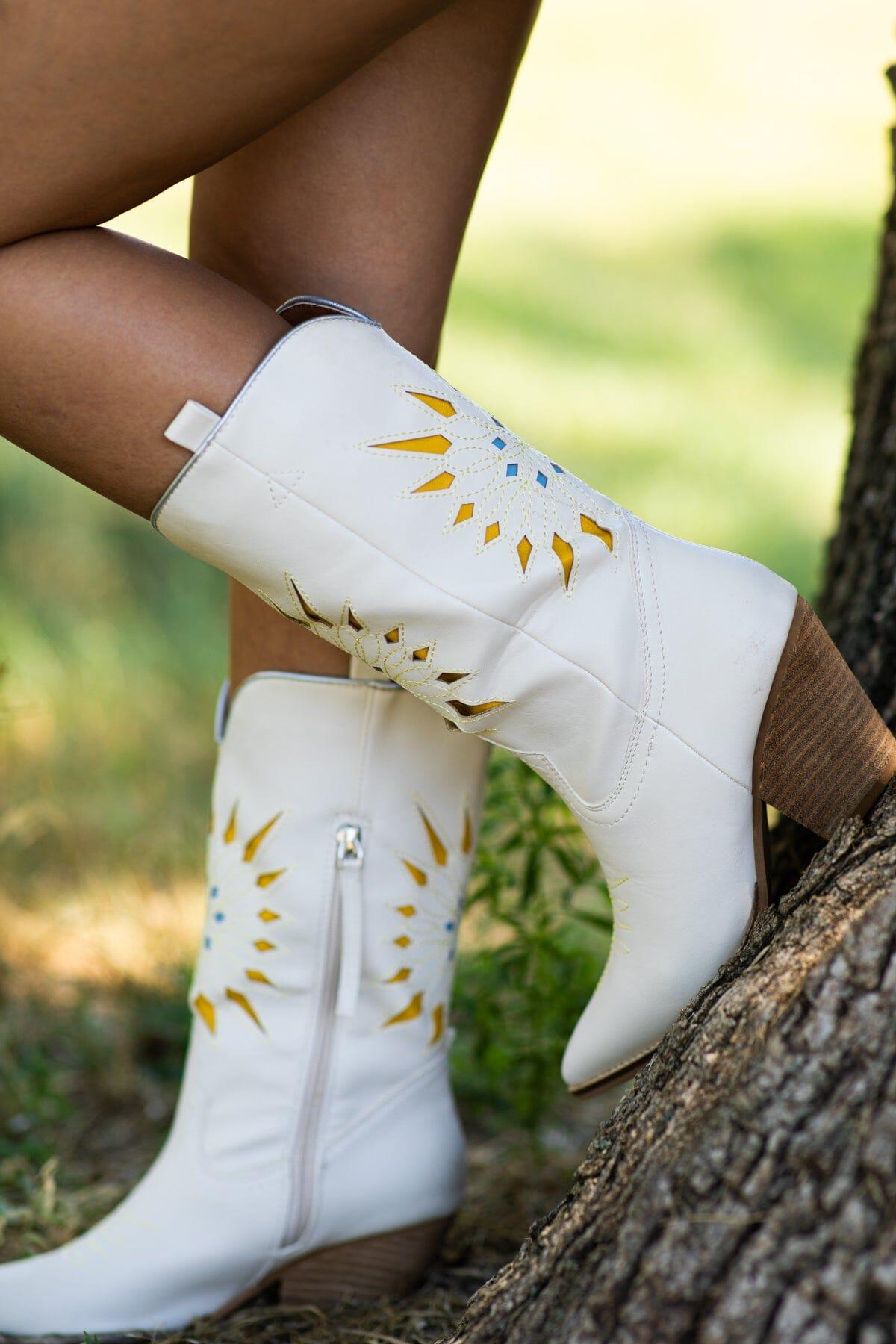 Cream Laser Cut Sunburst Detail Western Boots Product Image