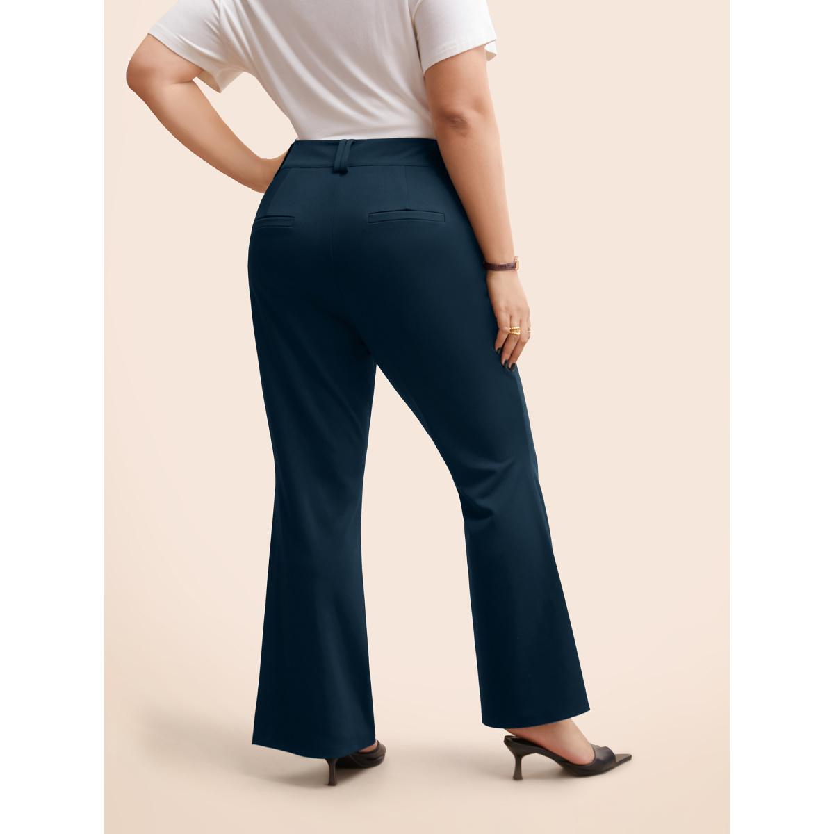 Plus Size Stretch Woven Double Button Drape Pants Women Black Workwear Essentials Bootcut Mid Rise Work Pants BloomChic 12/L Product Image