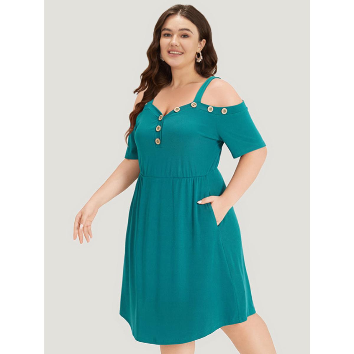 Plus Size Plain Pocket Button Detail Cold Shoulder Cami Dress Teal Women Casual Plain Cold Shoulder Short sleeve Curvy Knee Dress BloomChic 22-24/3X Product Image