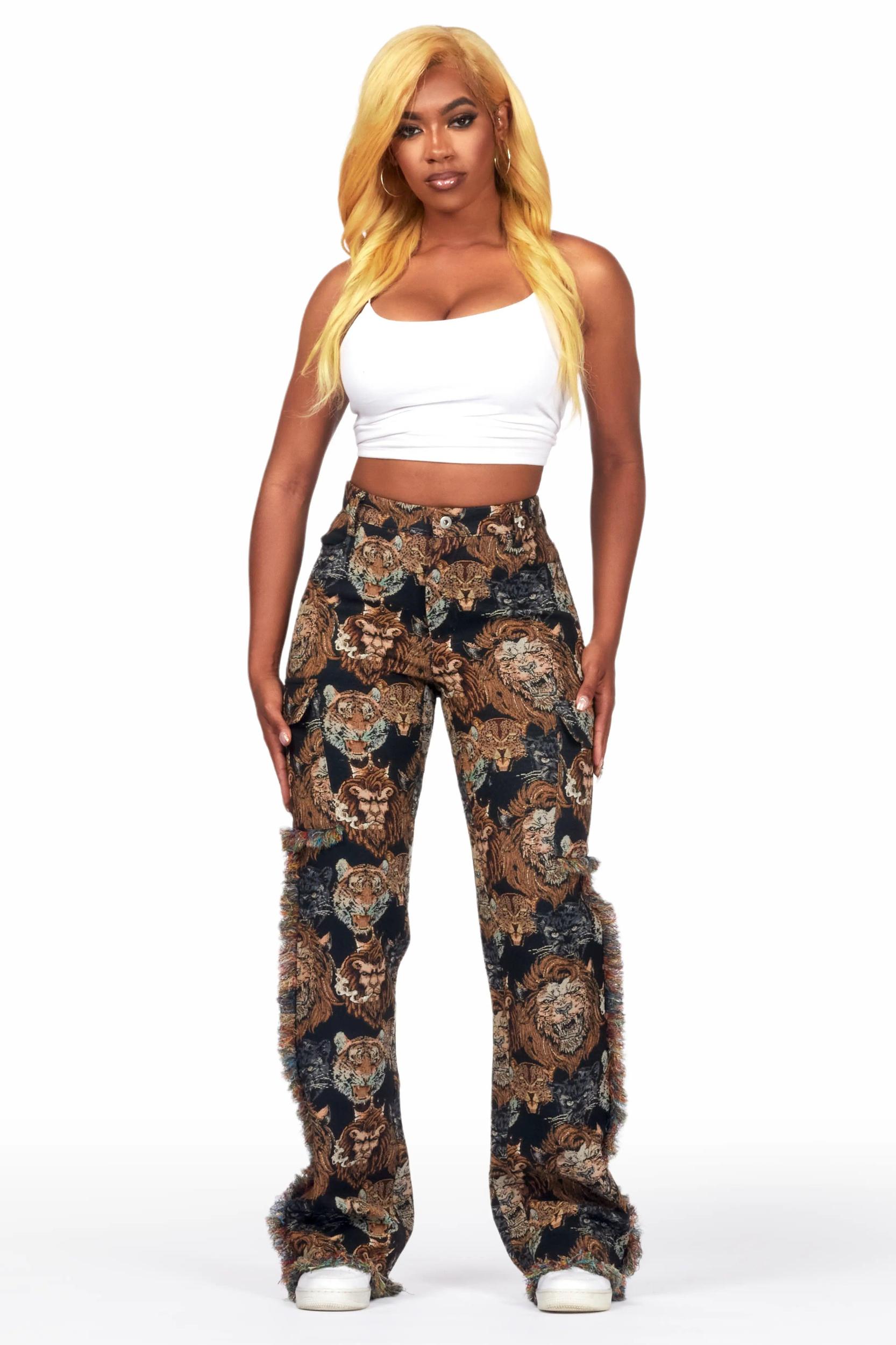 Khadiyah Black Animal Print Tapestry Stacked Pant Female Product Image
