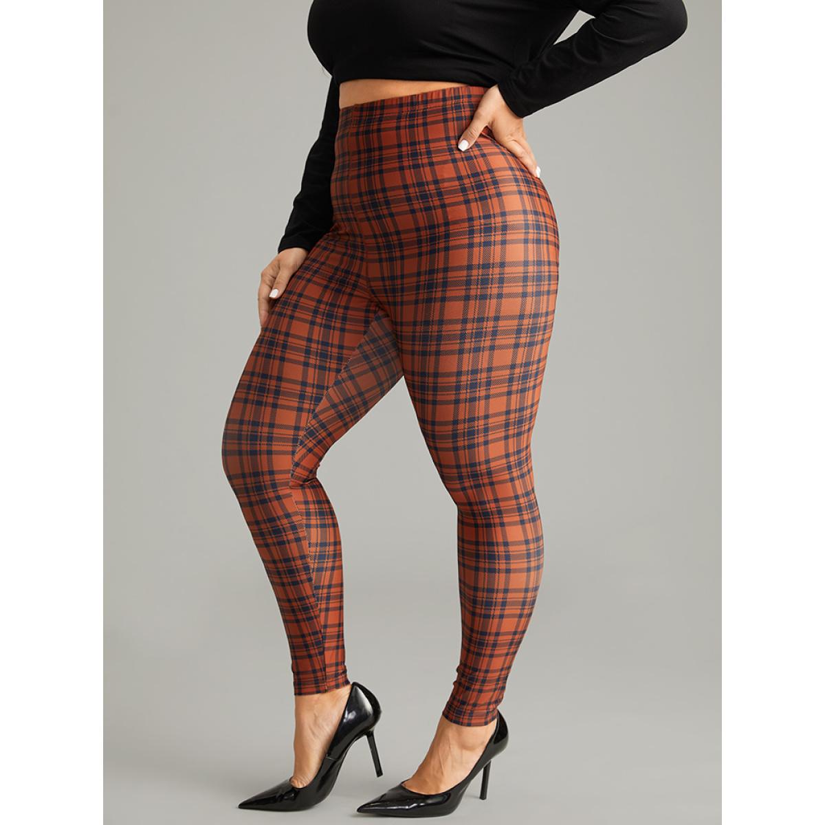 Plus Size Plaid Skinny Elastic Waist Leggings Women Chocolate Elegant High stretch Skinny High Rise Dailywear Leggings BloomChic 30/6X Product Image