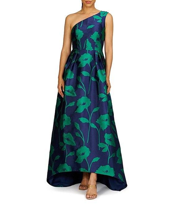 Kay Unger Jacquard Floral Print One-Shoulder Neck Sleeveless A-Line Gown Product Image