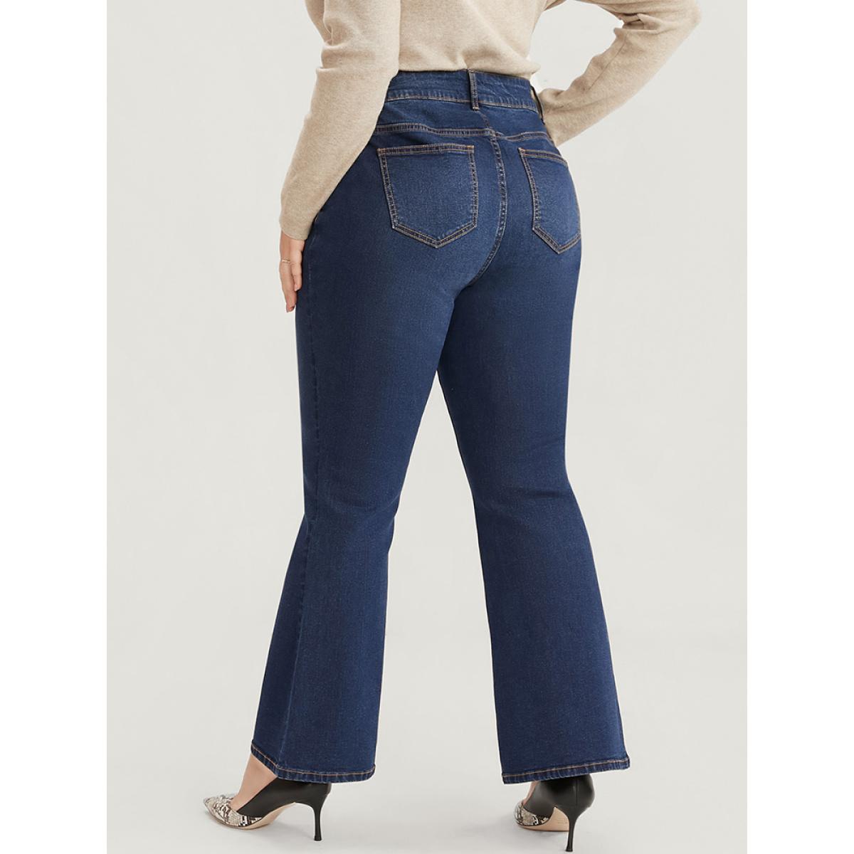 Plus Size Bootcut Very Stretchy High Rise Dark Wash Split Hem Jeans Women DarkBlue Casual Plain Pocket High stretch Side seam pocket Jeans BloomChic 20/2X Product Image