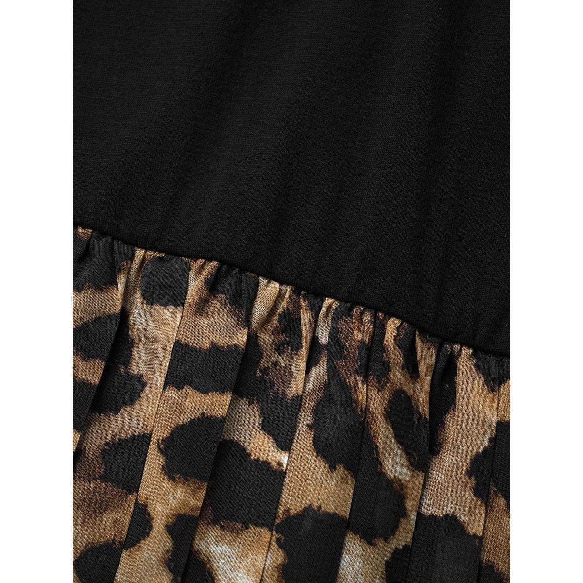 Plus Size V Neck Leopard Print Patchwork Dress Yellowishbrown Women Elegant Pleated V-neck Elbow-length sleeve Curvy BloomChic 18-20/2X Product Image