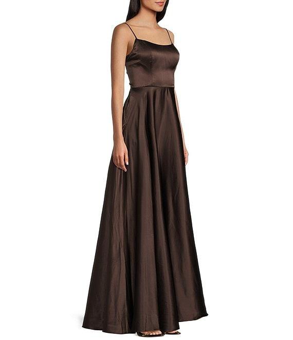 B. Darlin Satin Scoop Neck Spaghetti Strap Lace-Up Back Side Slit A-Line Dress Product Image