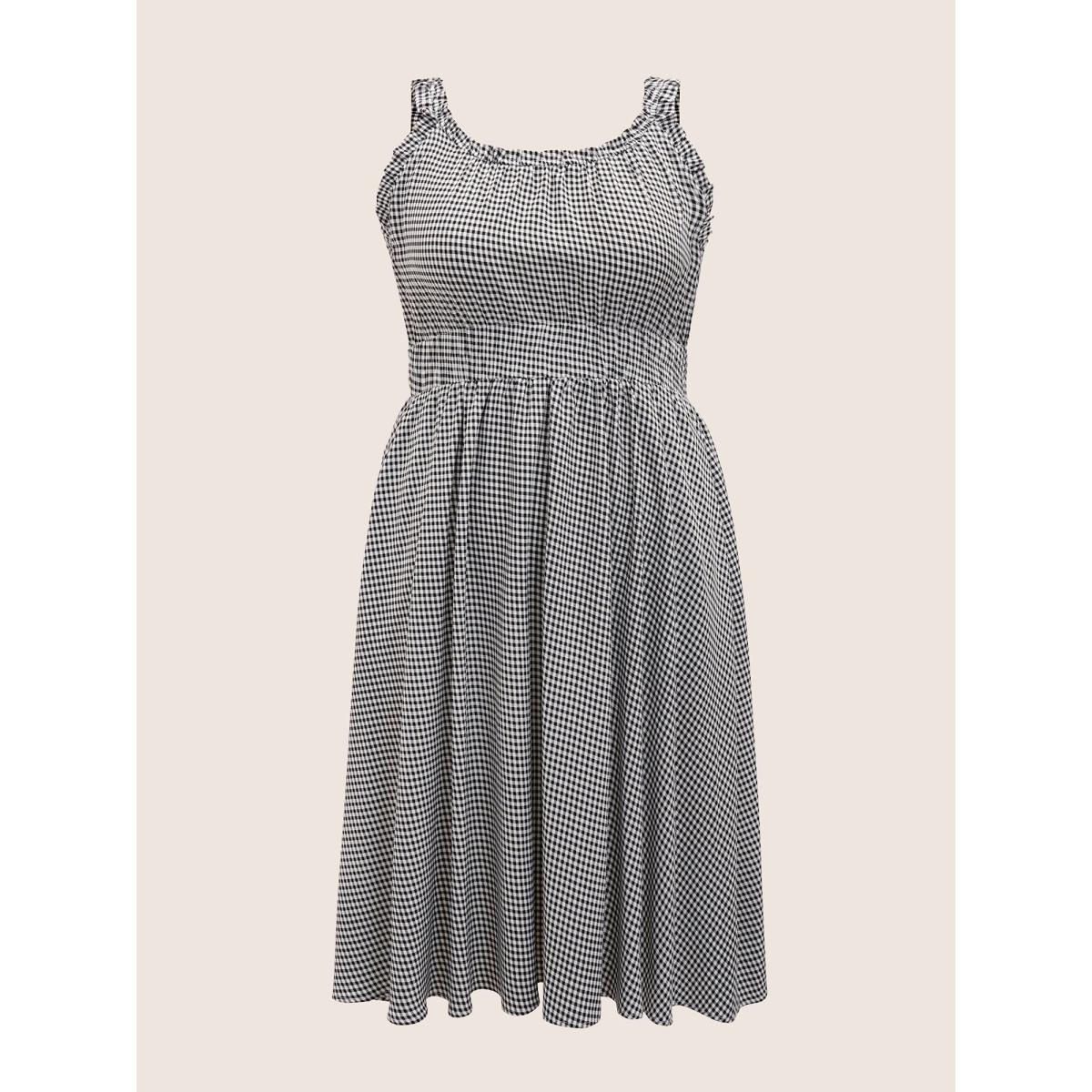 Plus Size Gingham Frill Trim Gathered Midi Dress Black Women Casual Gathered Round Neck Sleeveless Curvy BloomChic 14-16/1X Product Image