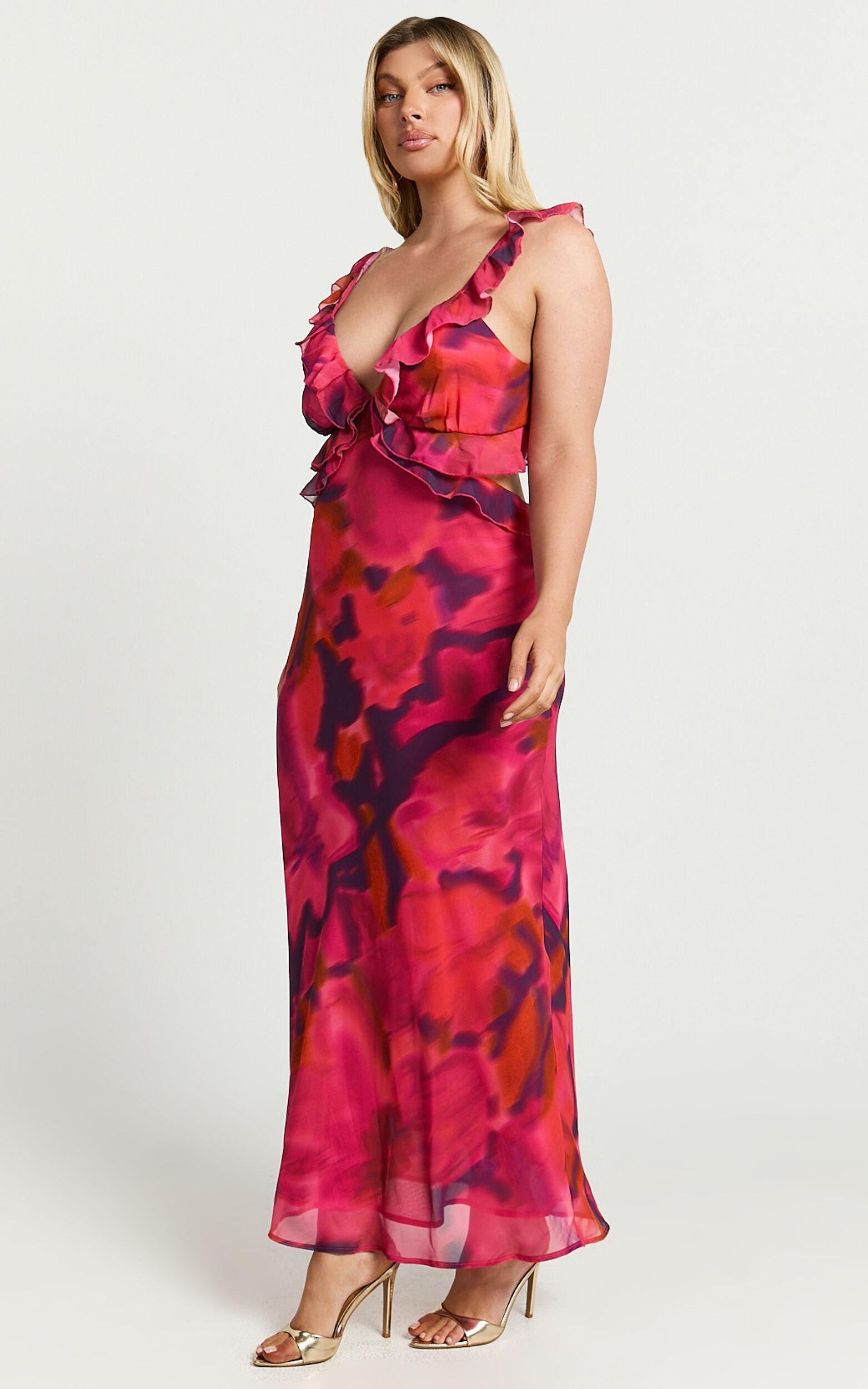 Alessa Maxi Dress - V Neck Frill Detail Empire Waist Back Cut Out Dress in Adeana Print Product Image