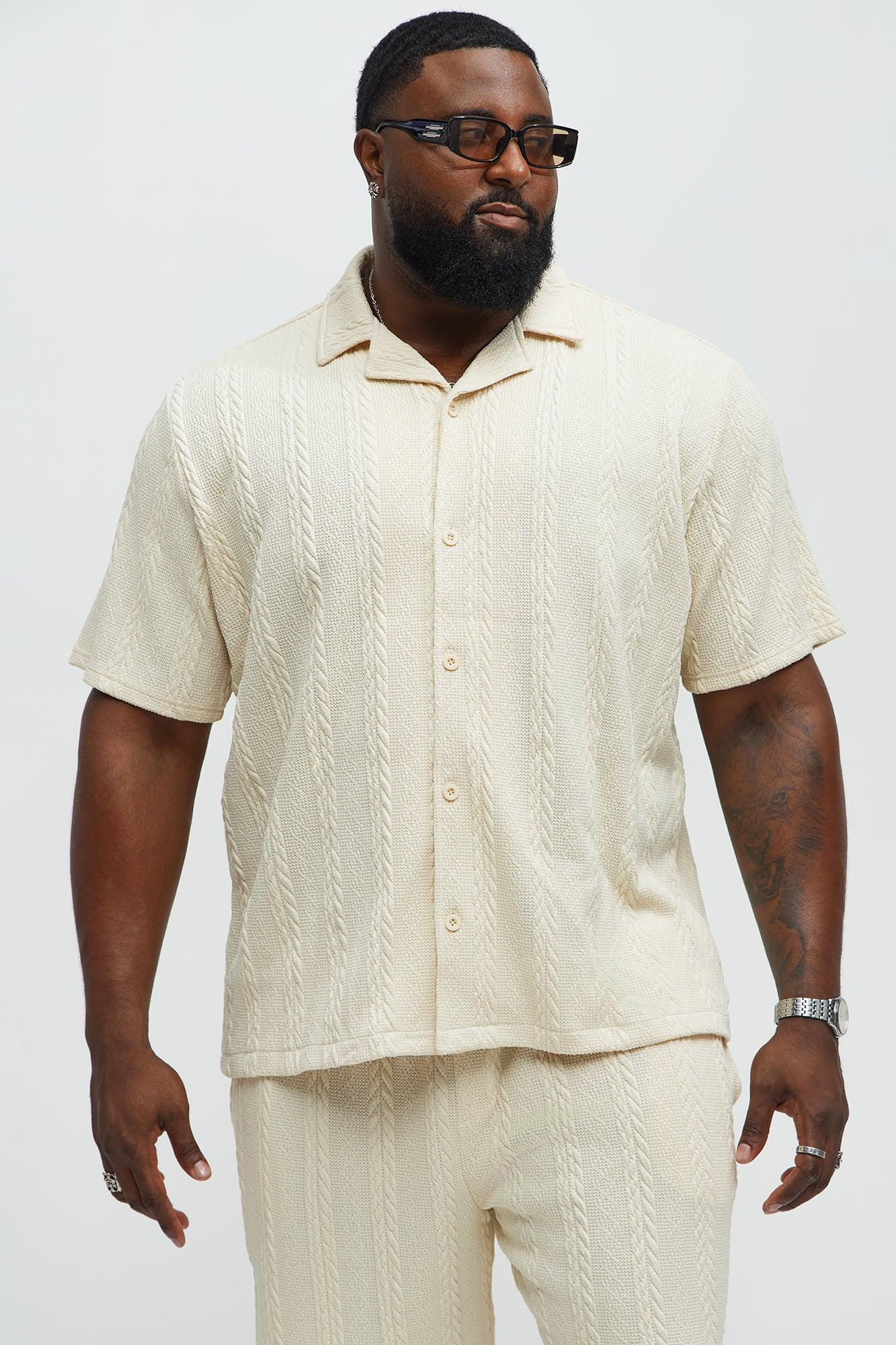 Textured Stripes Cuban Short Sleeve Button Up Shirt - Cream Product Image