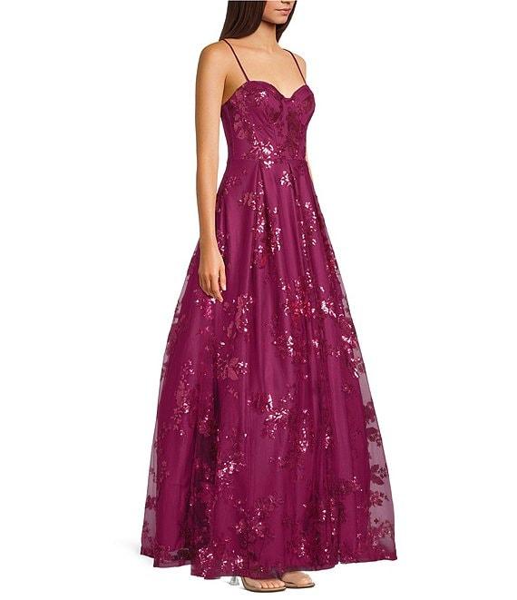 City Vibe Mesh Sequin Spaghetti Strap Sweetheart Neck Ballgown Dress Product Image