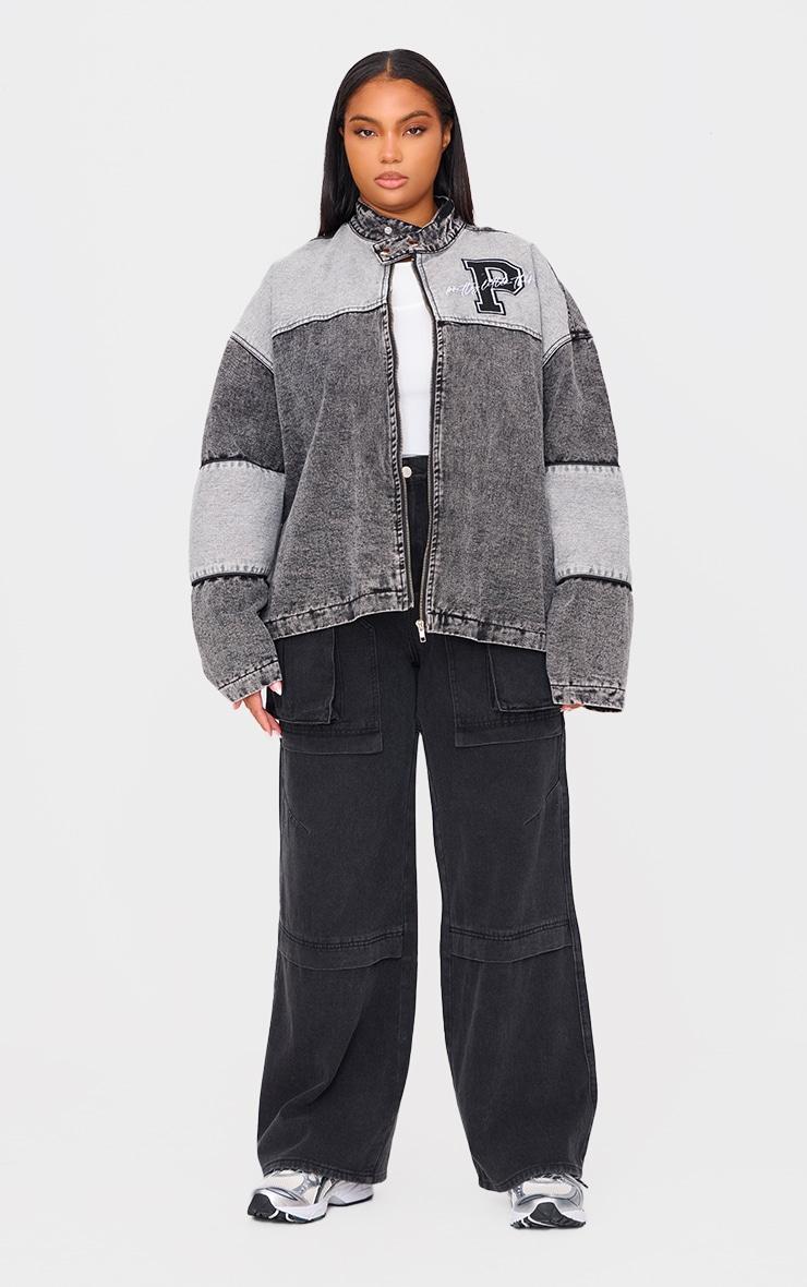 Plus Black Oversized Denim Varsity Bomber Jacket Product Image