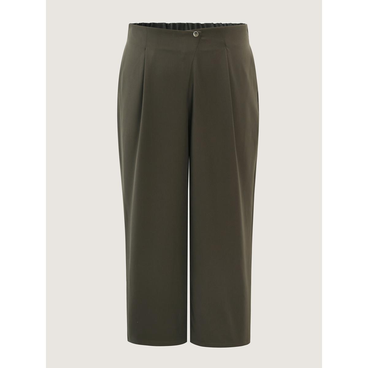 Plus Size Stretchy Back Waistband Wide-Leg Pants Women ArmyGreen Office Straight Leg Mid Rise Office Pants BloomChic 12/L Product Image