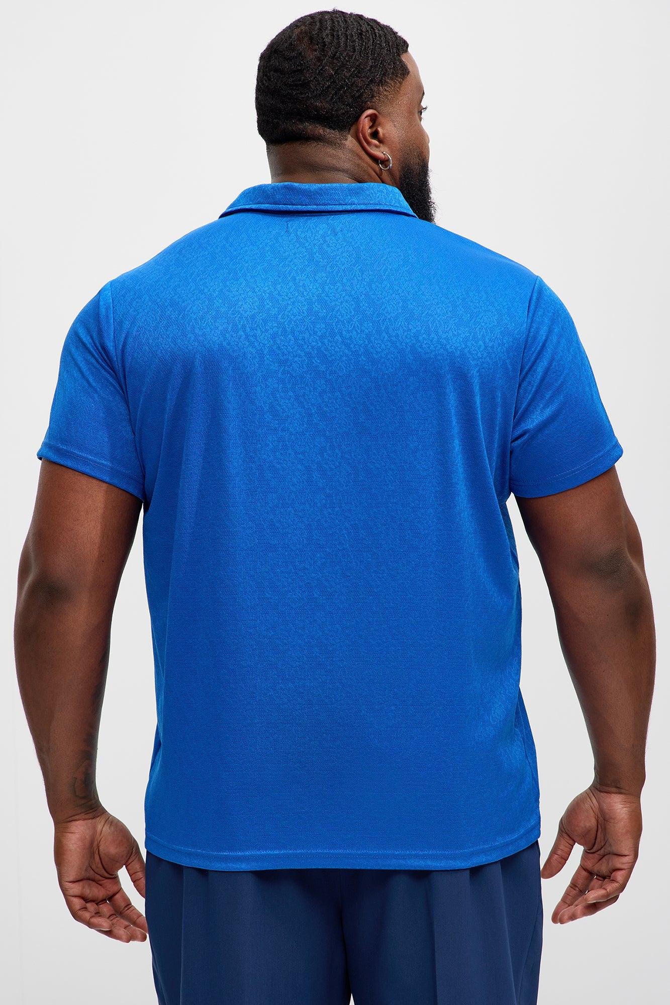 Jacquard Floral Knit Quarter Zip Polo Shirt - Blue Product Image