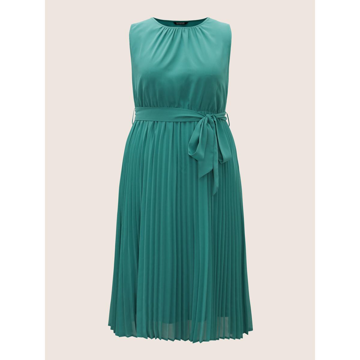 Plus Size Plain Sleeveless Elastic Waist Pleated Belted Dress Turquoise Women At the Office Belted Round Neck Sleeveless Curvy Midi Dress BloomChic 18-20/2X Product Image
