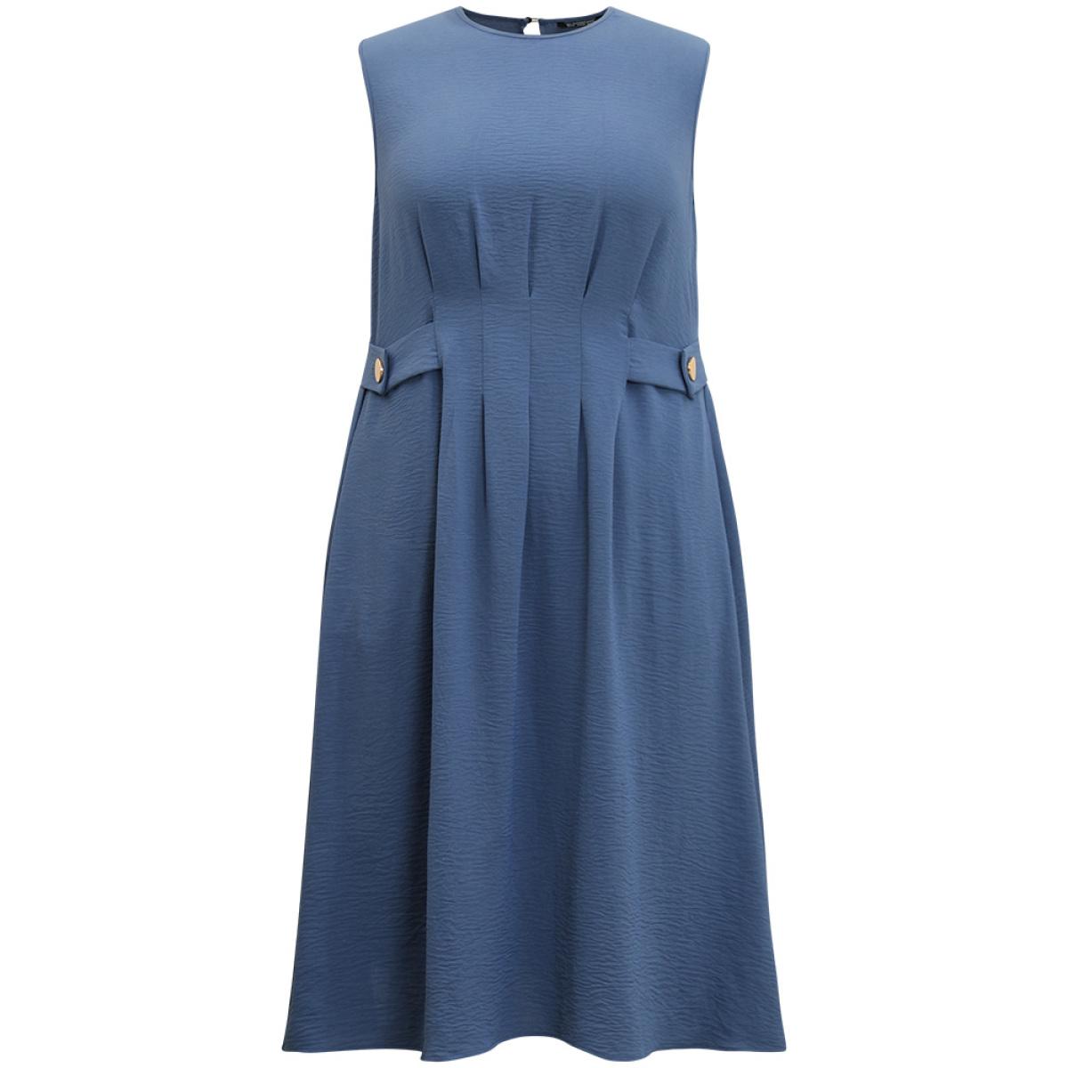 Plus Size Plain Plicated Detail Side Pocket Tank Dress Blue Women Office Plain Round Neck Sleeveless Curvy Midi Dress BloomChic 22-24/3X Product Image