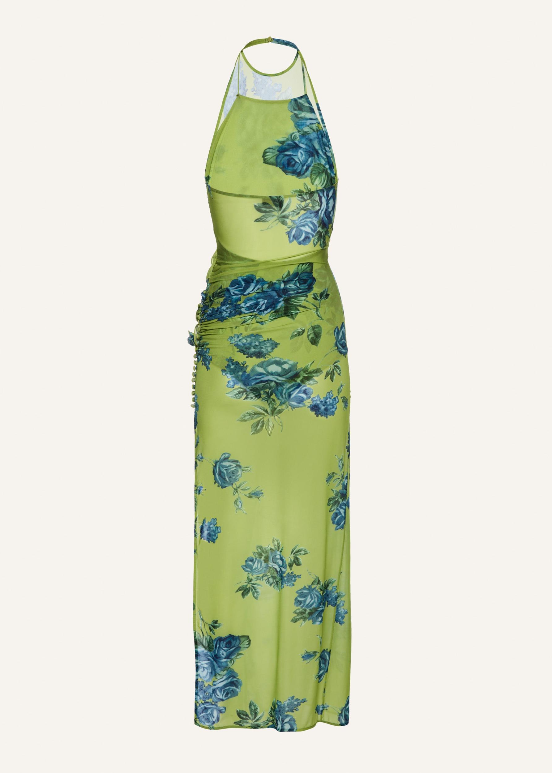 High-neck floral applique midi dress in green print Product Image