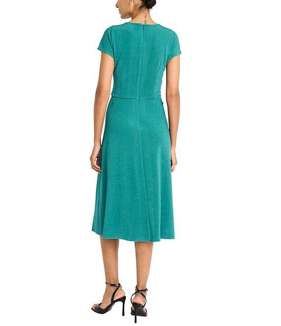 Maggy London Ottoman Jersey Crew Neck Short Sleeves Draped Bodice A-Line Midi Dress Product Image