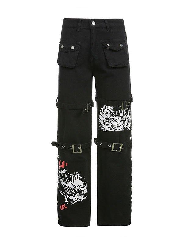 Buckle Strap Printed Cargo Jeans Product Image