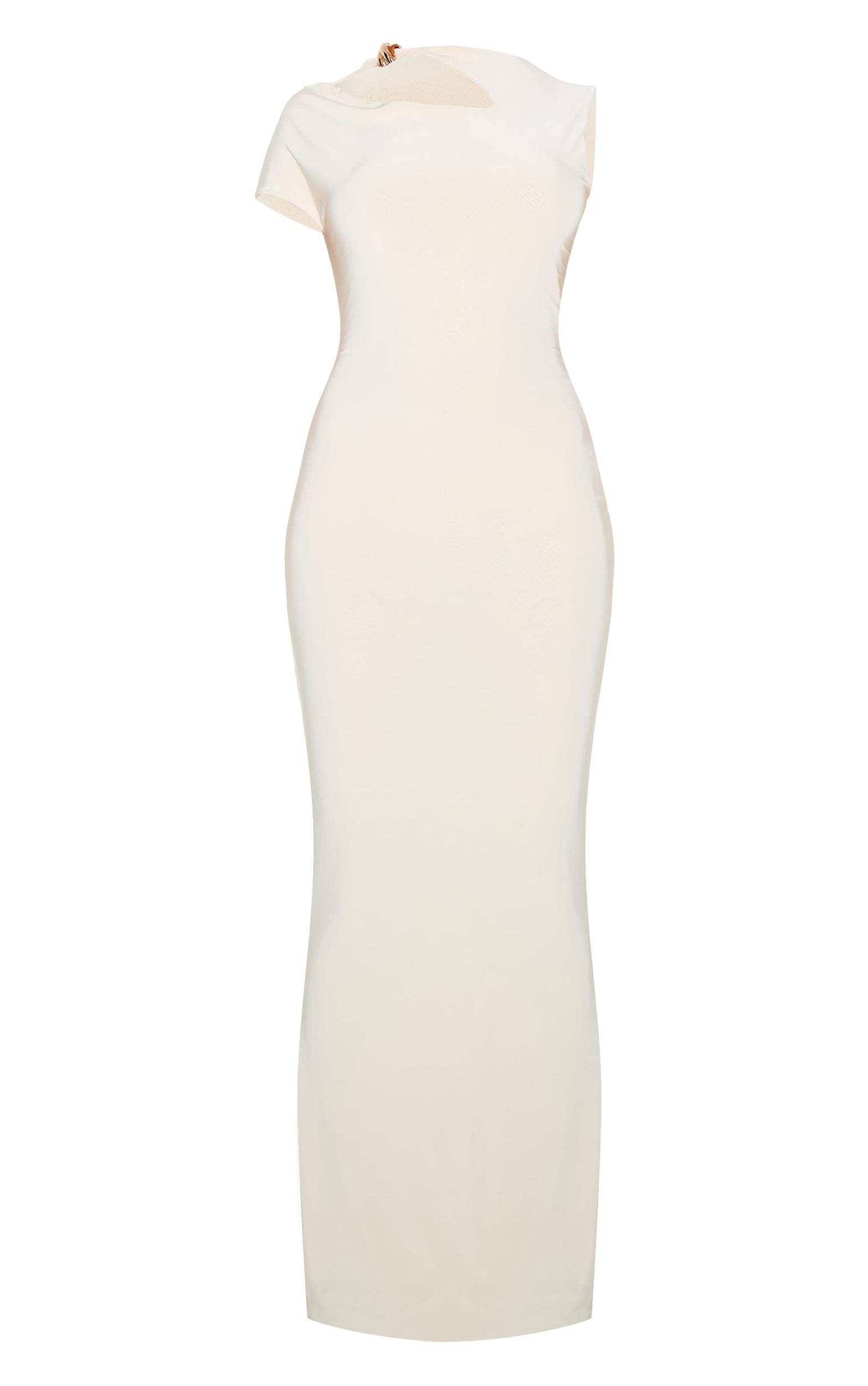 Petite Sand Asymmetric Shoulder Gold Detail Maxi Dress Product Image