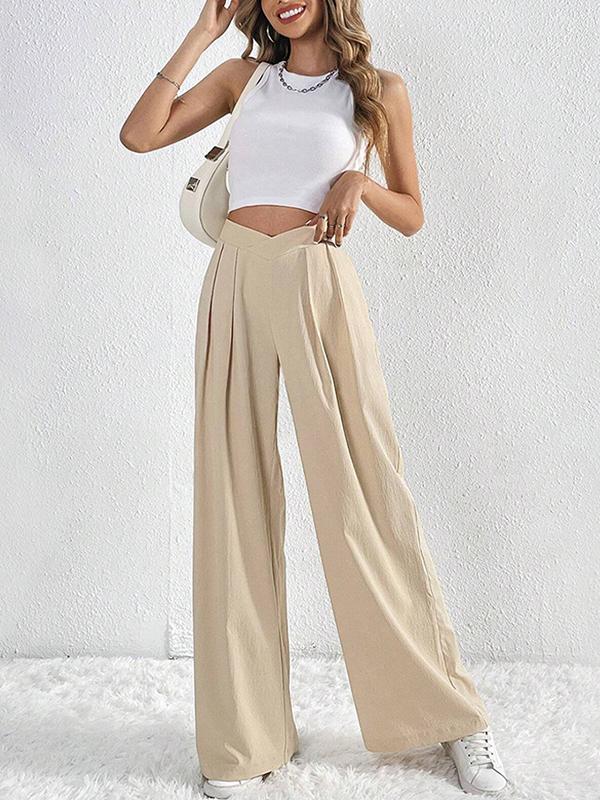 Loose Wide Leg Pleated Solid Color Pants Trousers Product Image