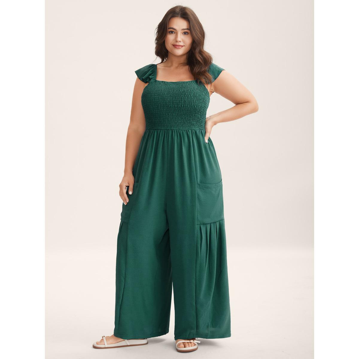 Plus Size Emerald Shirred Ruffles Pockets Plain Jumpsuit Women Sleeveless Non Everyday-Casual Loose Jumpsuits BloomChic 18-20/2X Product Image