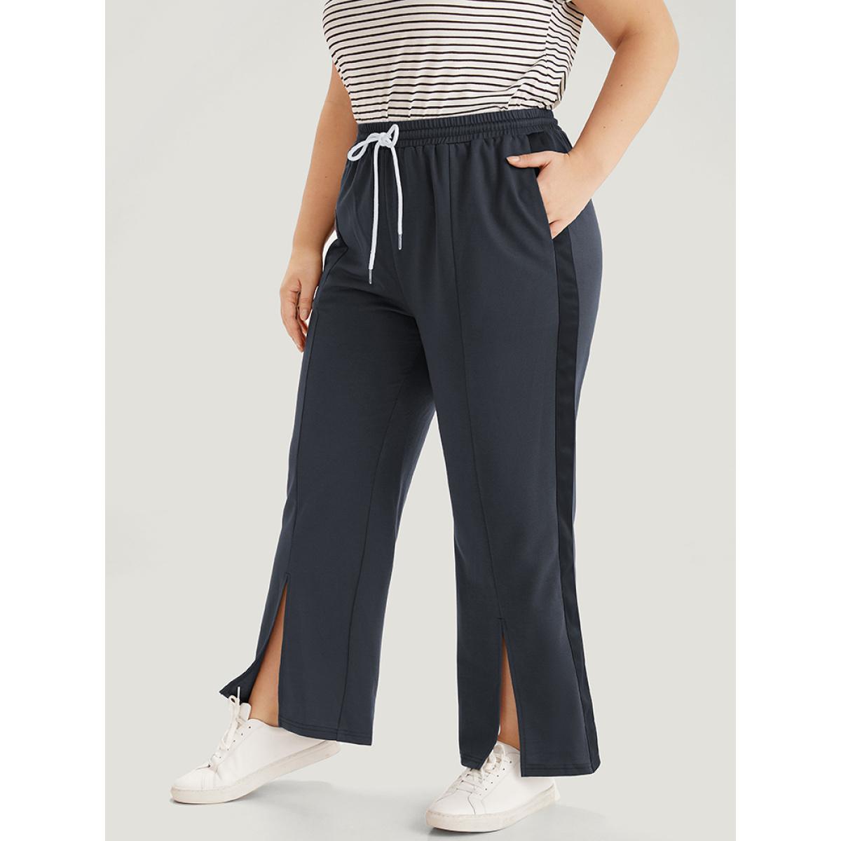 Contrast Patchwork Pocket Drawstring Split Hem Sweatpants SlateGray Plus Size Women Casual Everyday Contrast 10/M Bloomchic Product Image