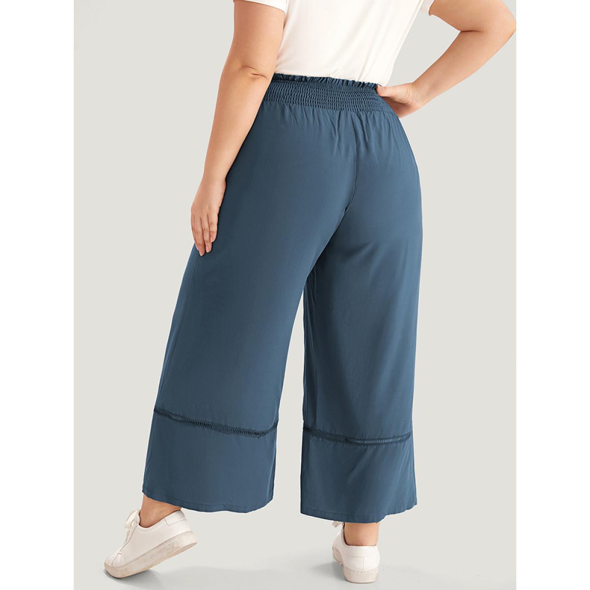 Plus Size Solid Shirred Bowknot Paperbag Waist Patchwork Pants Women Aegean Casual Straight Leg High Rise Dailywear Pants BloomChic 30/6X Product Image