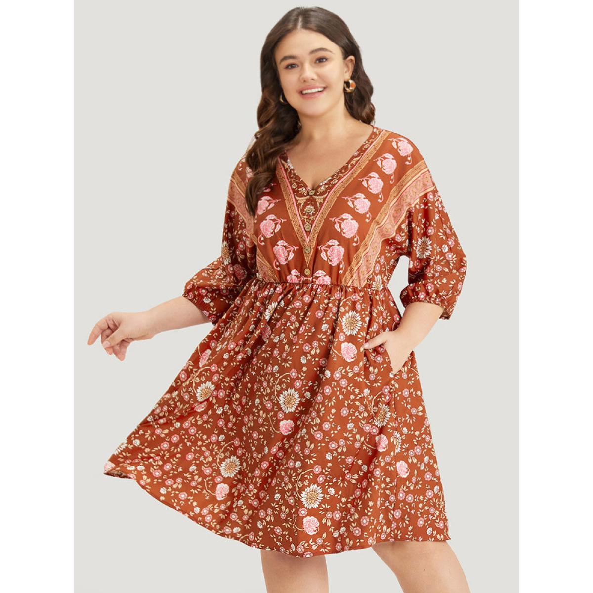 Plus Size Floral Print Elastic Cuffs Button Detail Dress Rust Women Vacation Elastic cuffs V-neck Half Sleeve Curvy Midi Dress BloomChic 30/6X Product Image