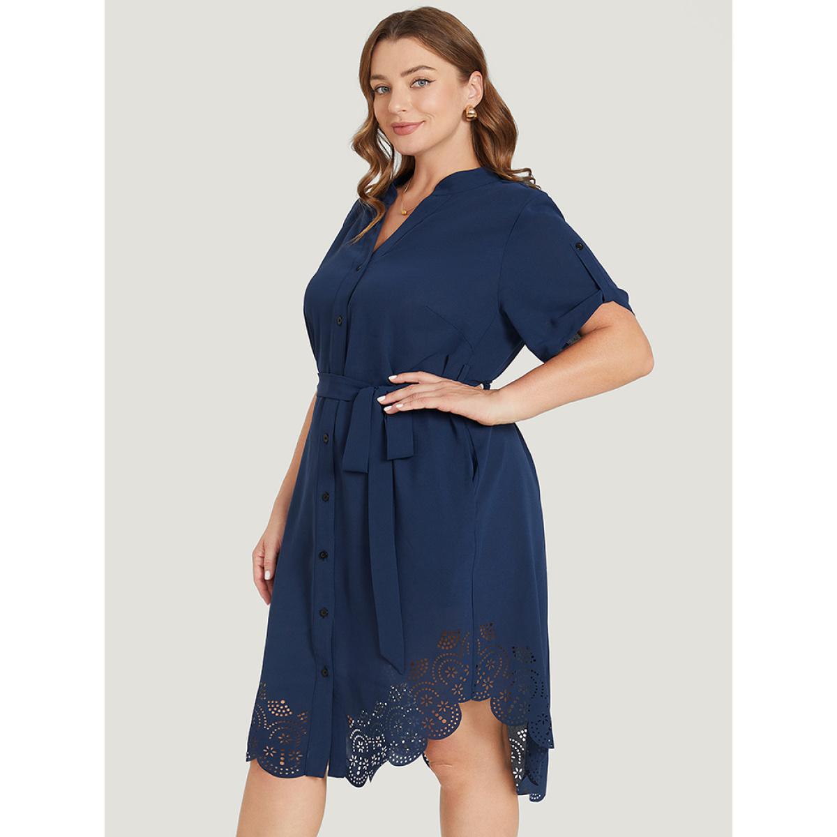 Plus Size Solid Cuffed Sleeve Button Up Belted Laser Cut Arc Hem Dress DarkBlue Women Office Belted Notched collar Short sleeve Curvy Knee Dress BloomChic 22-24/3X Product Image