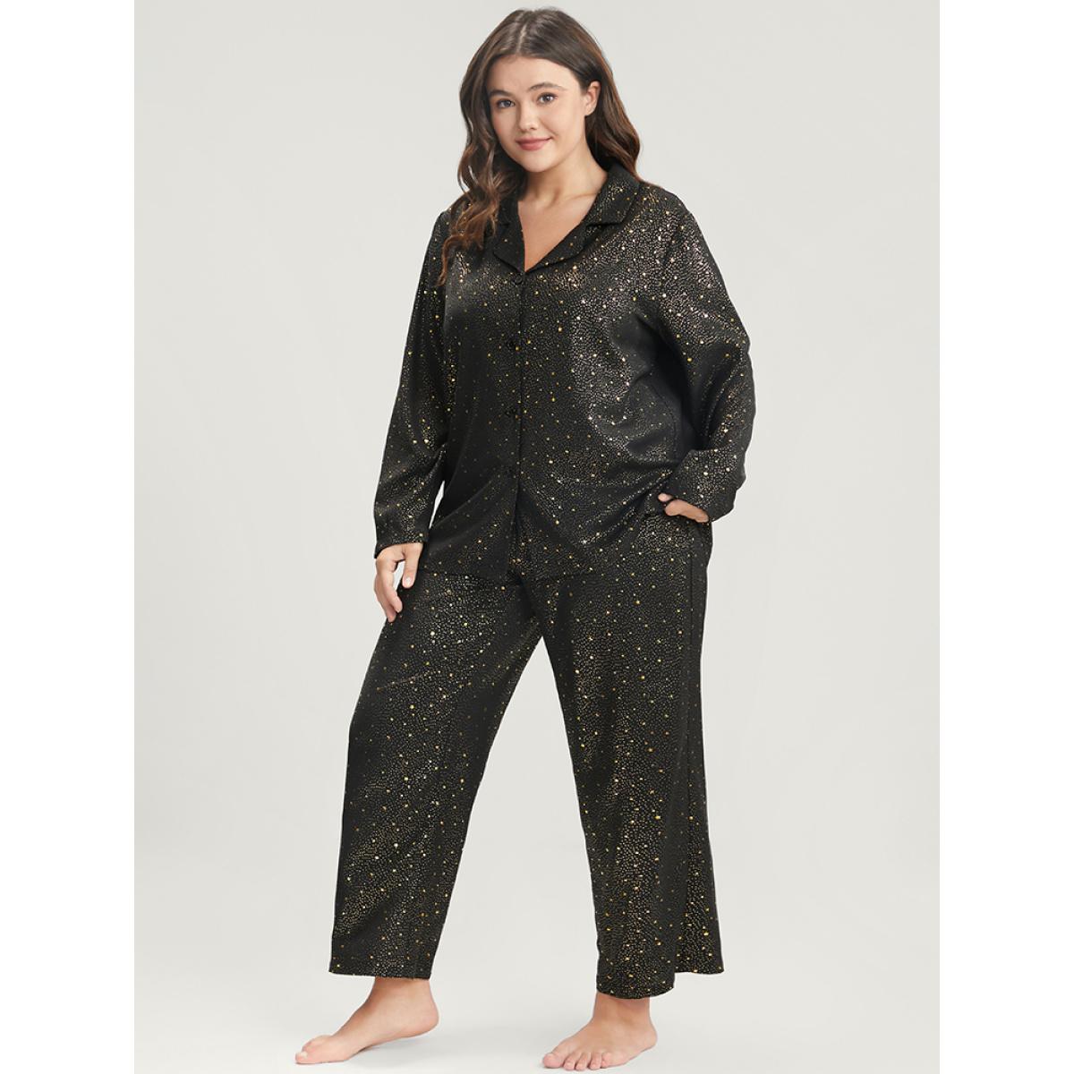 Plus Size Moon And Star Suit Collar Button Up Pajama Set Women Black Moon and Star Printed Long Sleeve Suit Collar Casual Loungewear Sets BloomChic 12/L Product Image
