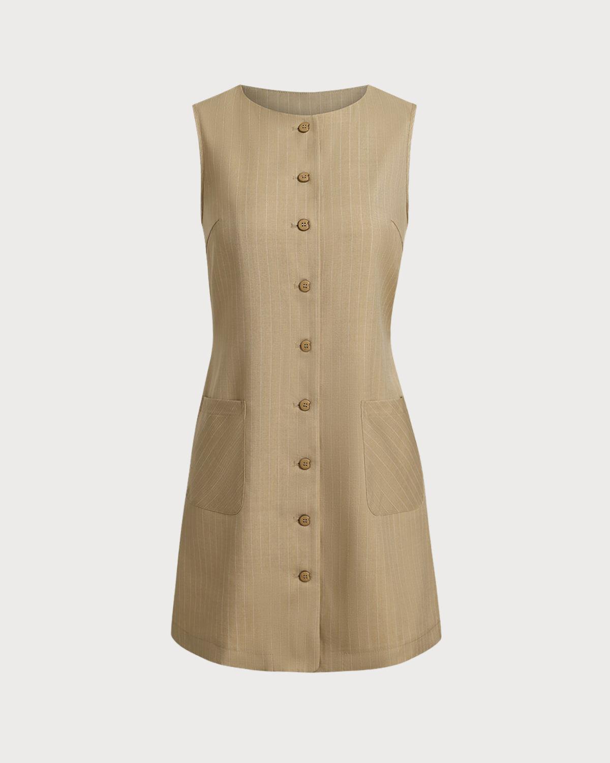 Khaki Round Neck Button Mini Dress Product Image