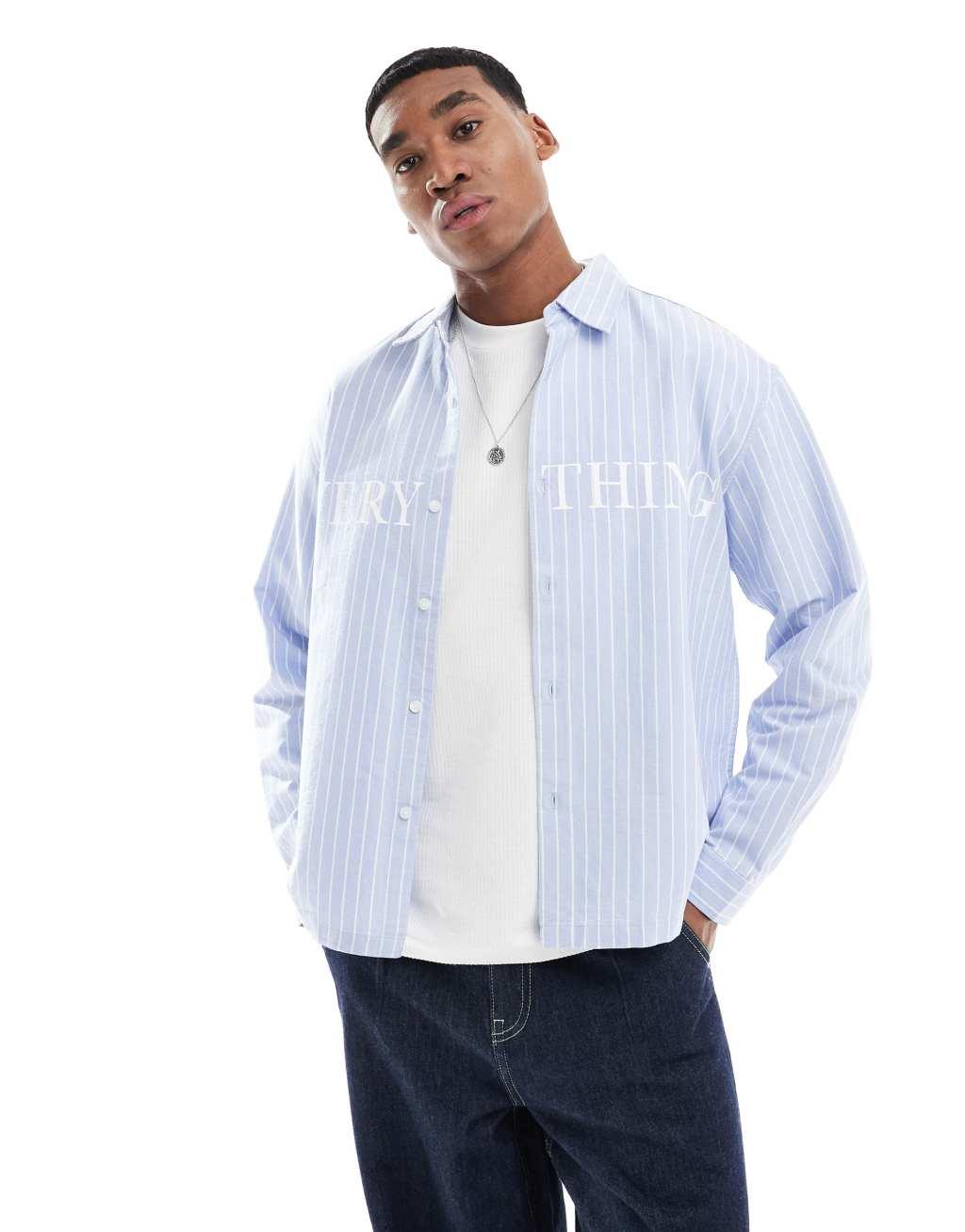 Pull&Bear long sleeve striped shirt in blue Product Image