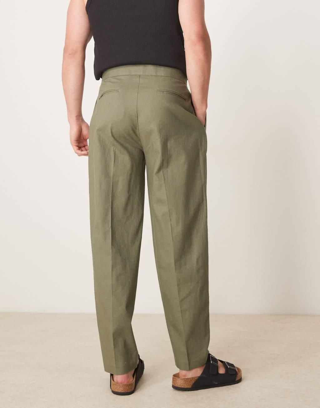 ASOS DESIGN smart oversized tapered linen blend pants with front pleat in dusty olive Product Image