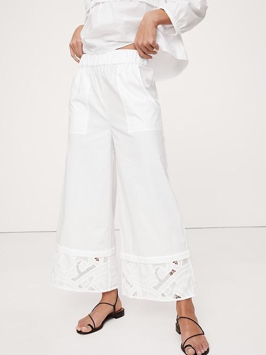 High-Rise Wide-Leg Embroidered Cotton Poplin Cropped Pull-On Pant Product Image