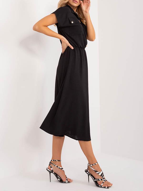 A-Line High Waisted Buttoned Pleated Solid Color Lapel Midi Dresses Product Image