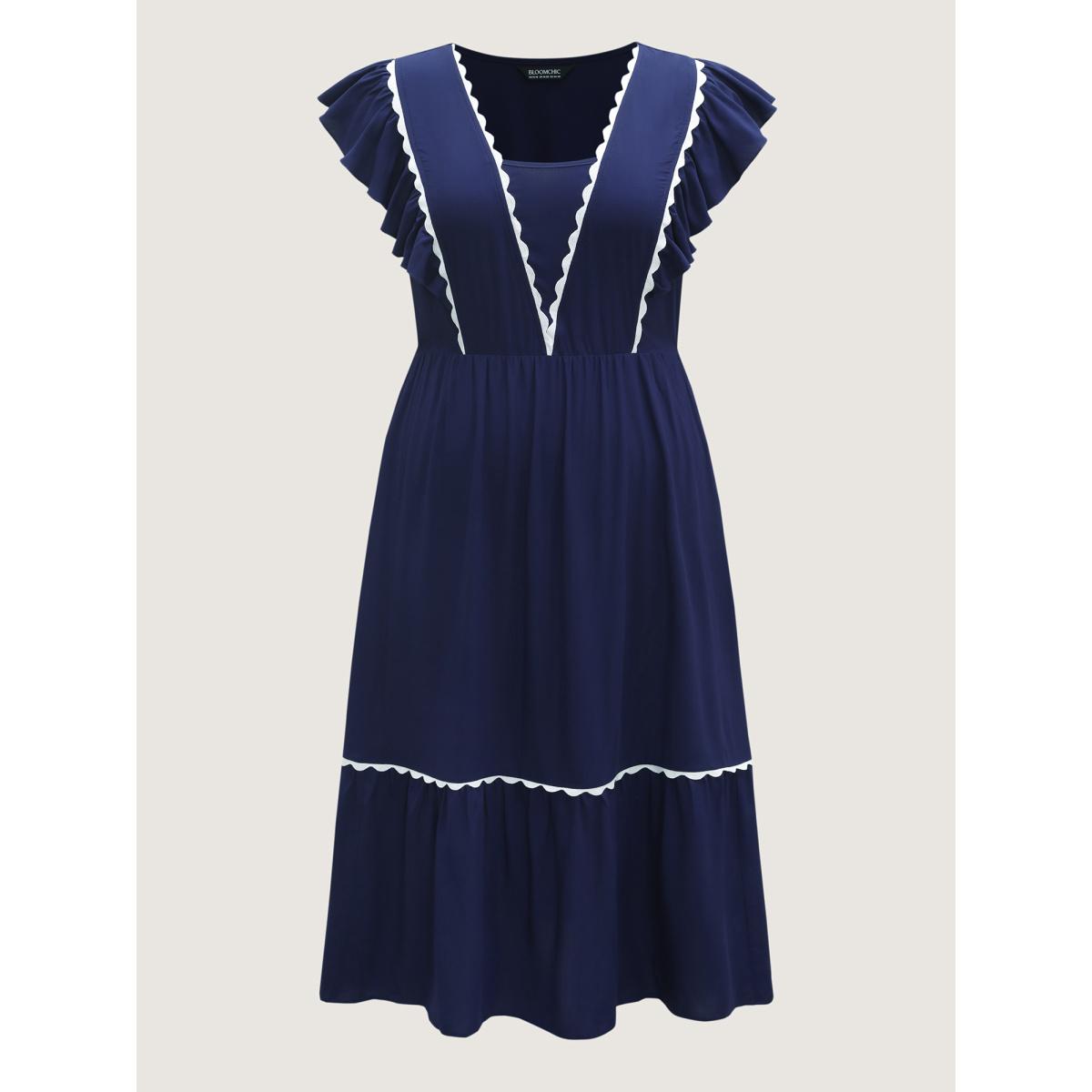 Plus Size Rayon Collar Ribbon Contrast Pockets Midi Dress Indigo Women V-neck Cap Sleeve Curvy BloomChic 22-24/3X Product Image