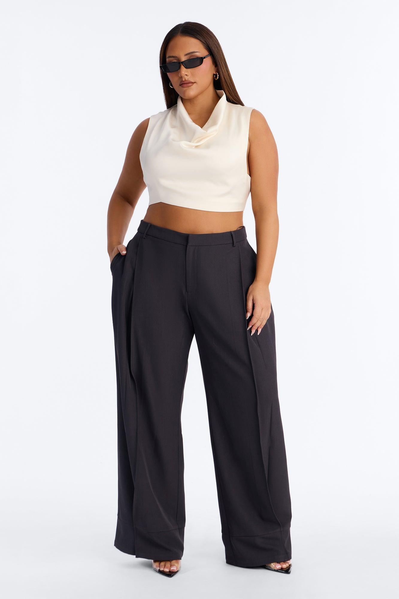 Anya Double Side Pleat Button Hem Trouser 33″ - Charcoal Female Product Image