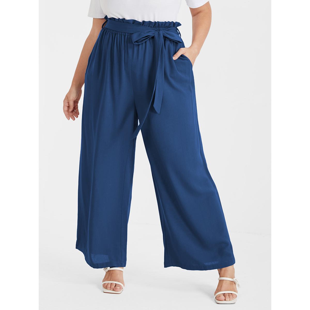 Plus Size Solid Pocket Belted Straight Pants Women DarkBlue Elegant Loose High Rise Dailywear Pants BloomChic 30/6X Product Image