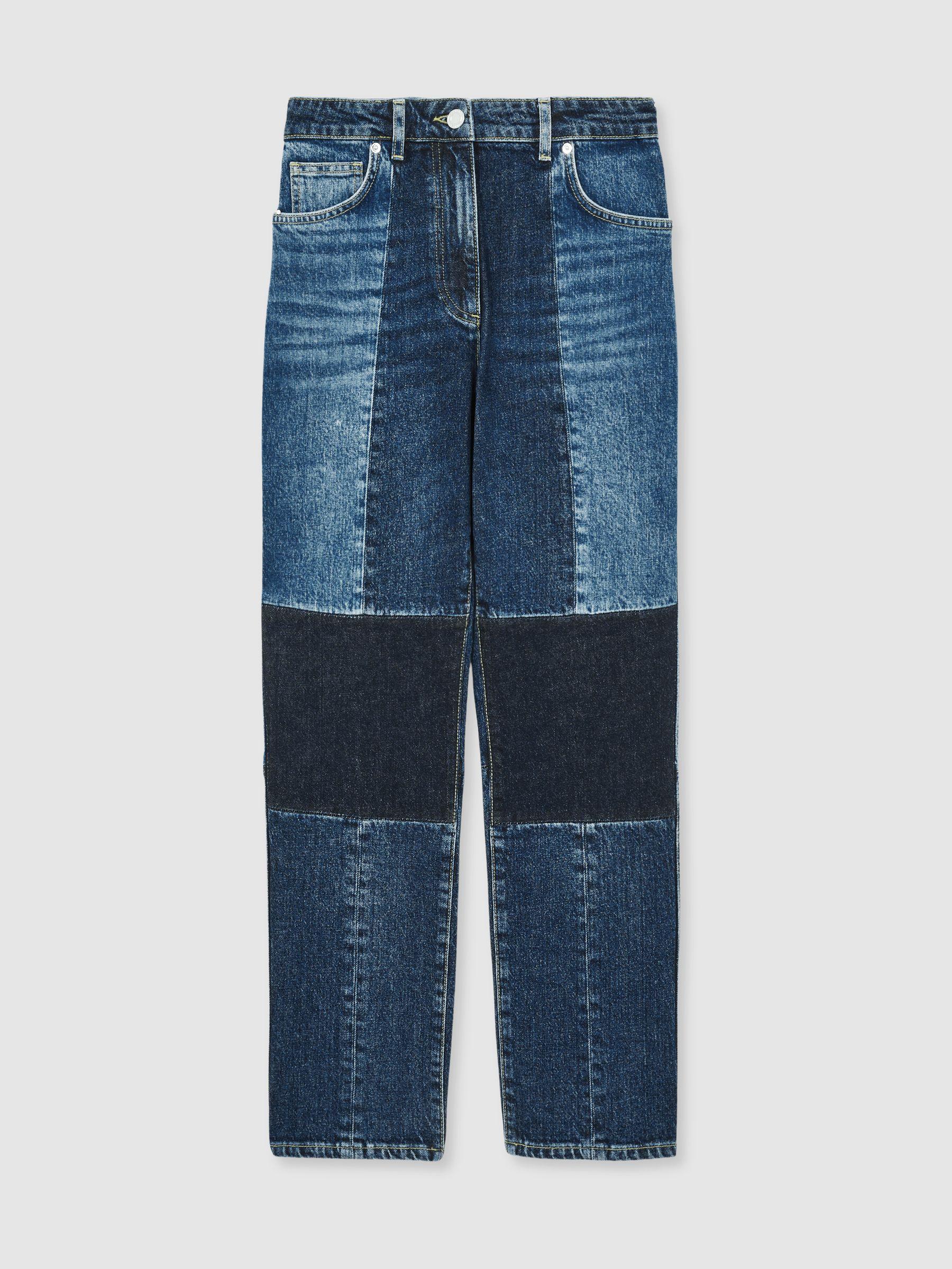 Petite Straight-Leg Patchwork Jeans in Mid Blue Product Image