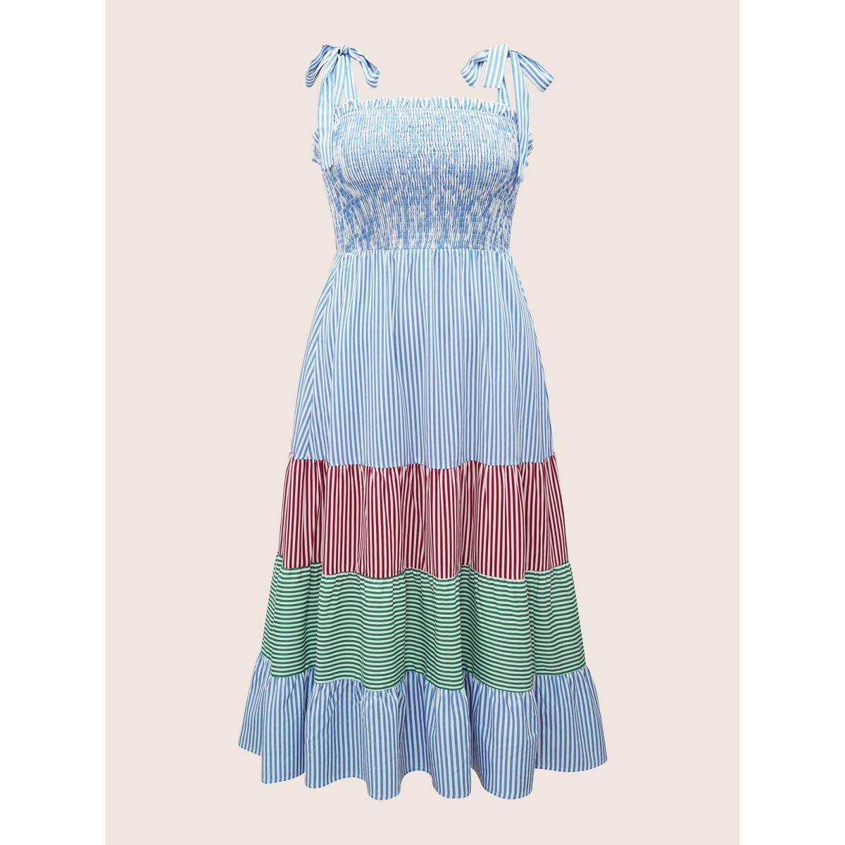 Plus Size Contrast Striped Patchwork Shirred Ties Dress LightBlue Women Casual Non Non Sleeveless Curvy Midi Dress BloomChic 26/4X Product Image