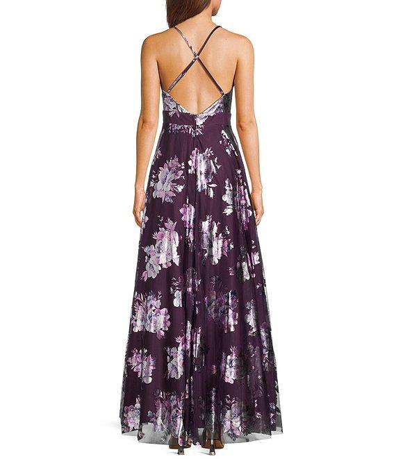 City Vibe Floral Print Surplus Neckline X-Back Ballgown Product Image