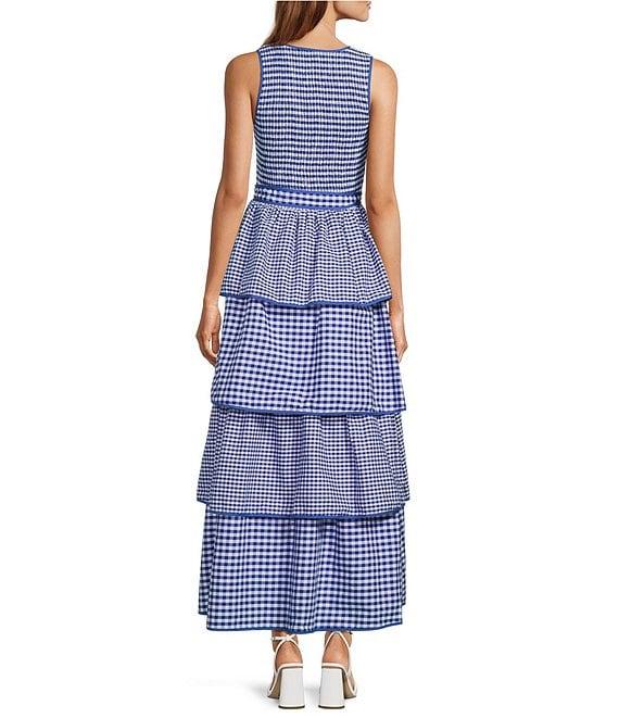 Sugarlips Vanna Checker Sally Scoop Neck Gingham Print Smocked Tassel Belt Tiered Ruffle Maxi Dress Product Image