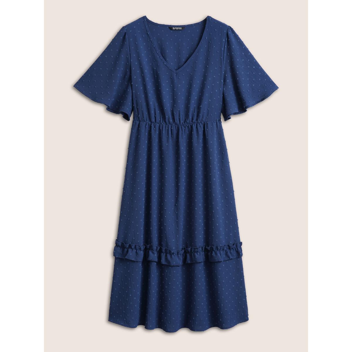 Polka Dot Shirred Plus Size Women Elegance Dress Plain Pocket Ruffle Sleeve Short Sleeve V Neck Pocket Dailywear Midi Dress BloomChic Product Image