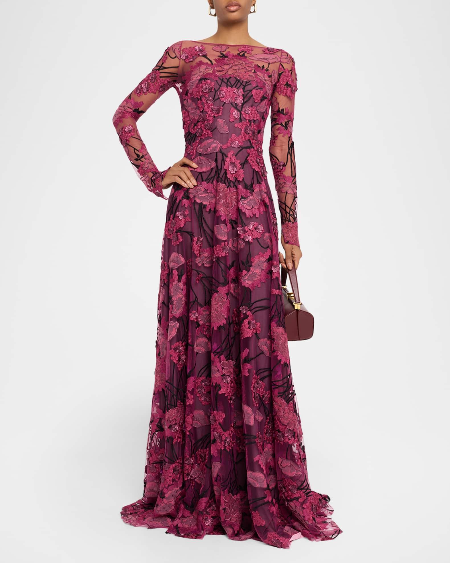 Floral Embroidered Long-Sleeve Illusion Gown Product Image